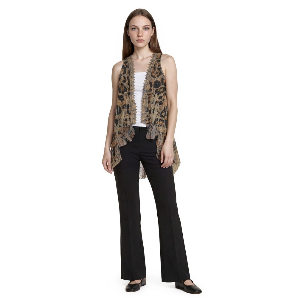 Origami Long Vest Women's Size Large Brown Leopard Print Crochet Lace Ruffle